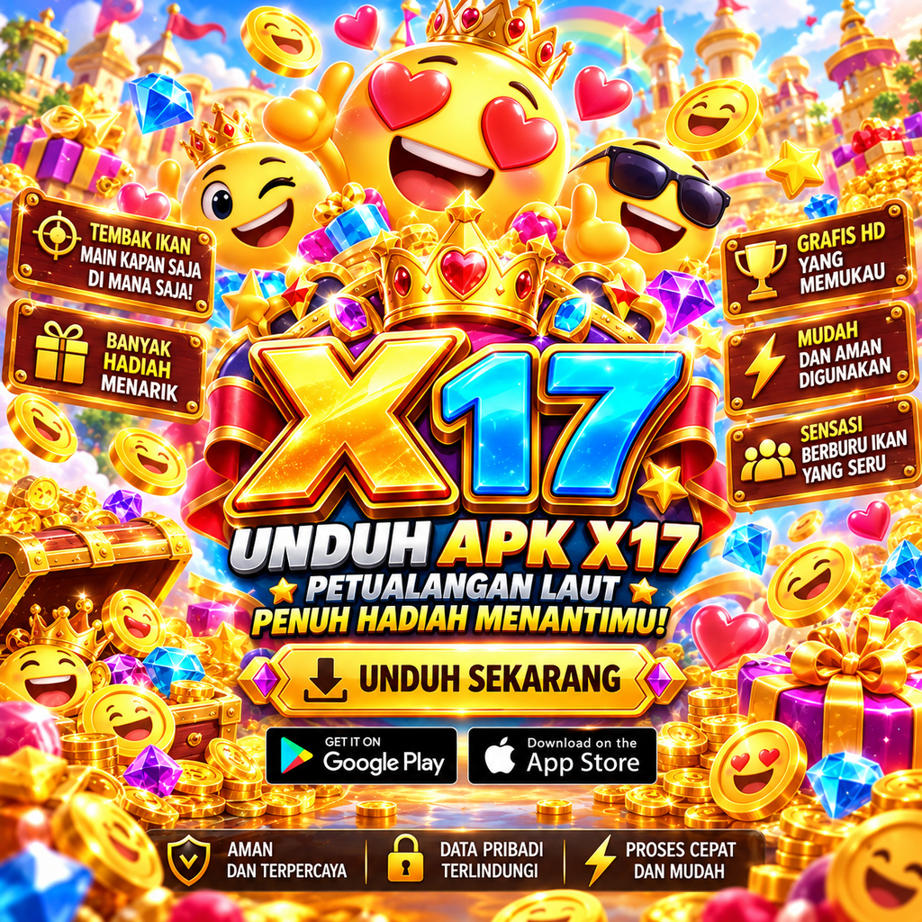 Unduh APK X17 bertema emoji dengan koin emas, hati, mahkota, hadiah, berlian, dan suasana ceria penuh warna