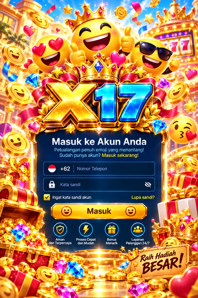 Login X17 bertema emoji dengan koin emas, hati, mahkota, hadiah, dan suasana ceria penuh warna