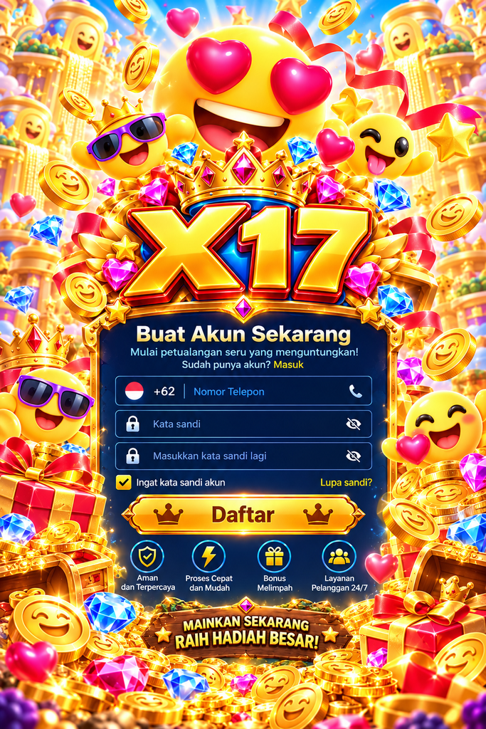 Pendaftaran X17 bertema emoji dengan koin emas, hati, mahkota, hadiah, berlian, dan suasana ceria penuh warna